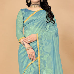Blue Solid Nylon Saree With Lace Border