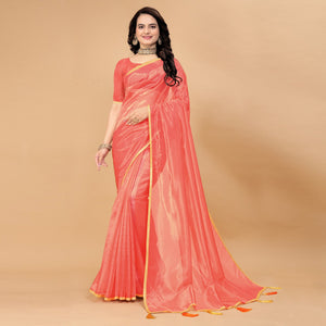 Dark Peach Solid Nylon Saree With Lace Border