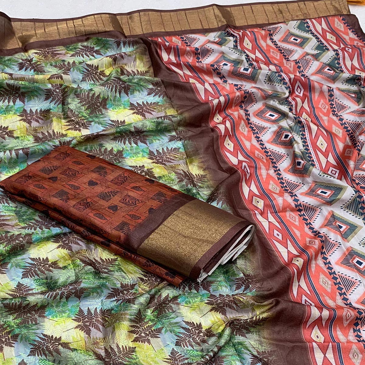 Dark Brown Digital Printed Tussar Silk Saree