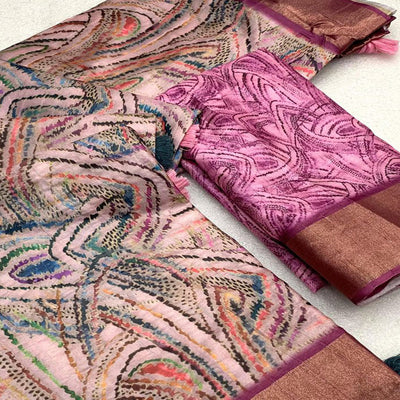 Light Pink Digital Printed Tussar Silk Saree