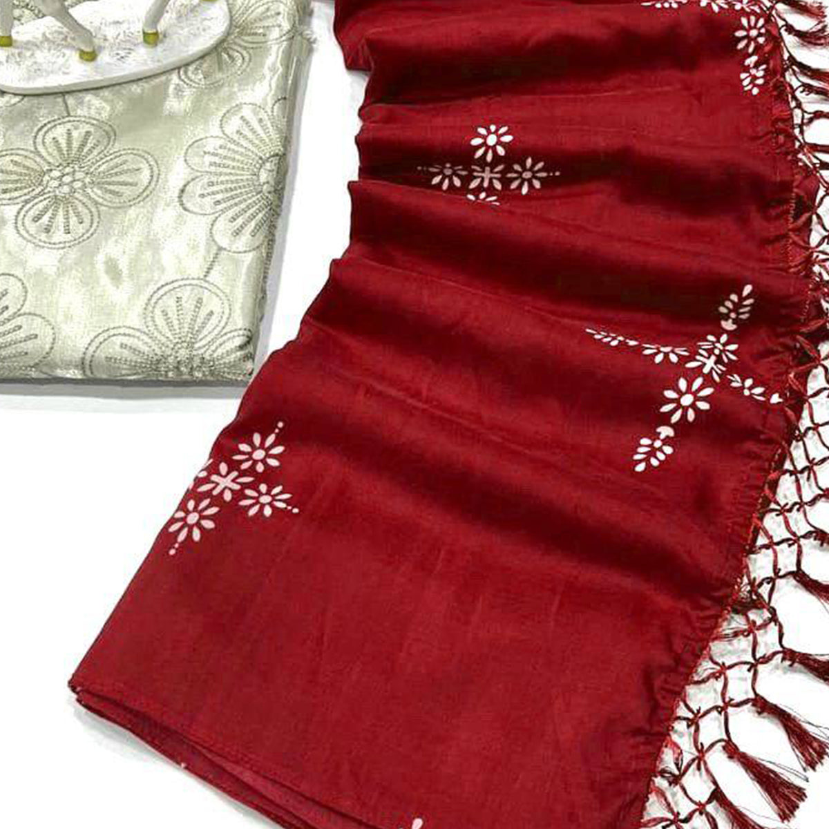 Maroon Printed Muslin Saree With Tassels
