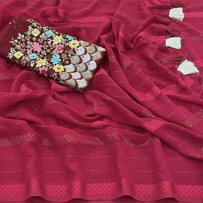 Maroon Woven Georgette Saree With Tassels