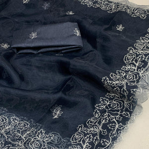 Dark Grey Floral Embroidered Organza Saree