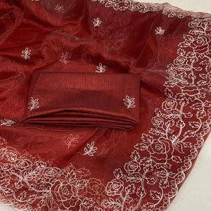 Maroon Floral Embroidered Organza Saree