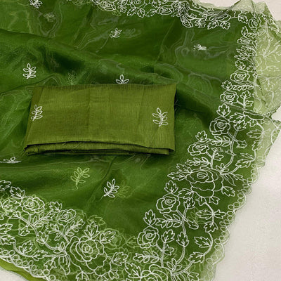 Mehendi Green Floral Embroidered Organza Saree