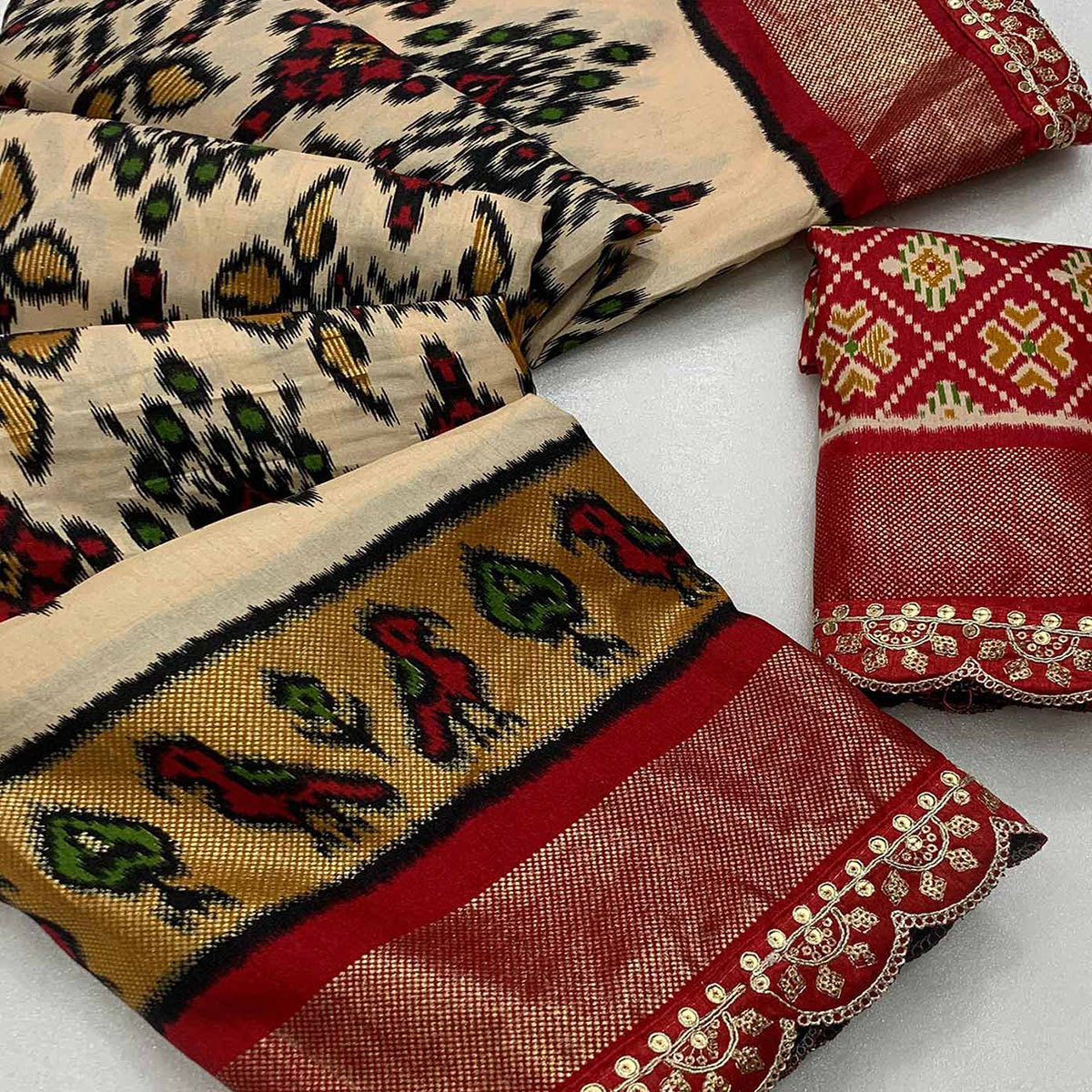 Cream Ikkat Printed Dola Silk Saree With Sequins Embroidery Border