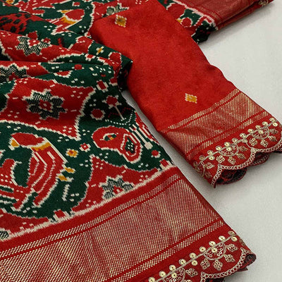 green-red-ikkat-printed-dola-silk-saree-with-sequins-embroidery-border