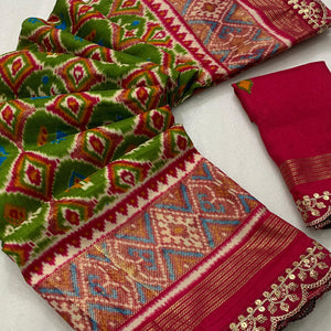 green-ikkat-foil-printed-silk-saree-with-sequins-embroidery-border