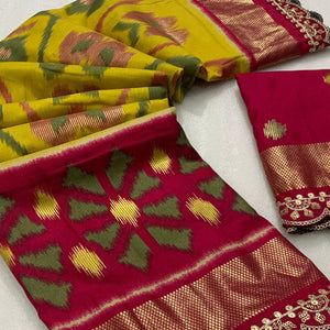 green-pink-ikkat-foil-printed-silk-saree-with-sequins-embroidery-border