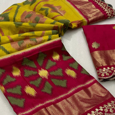 green-pink-ikkat-foil-printed-silk-saree-with-sequins-embroidery-border