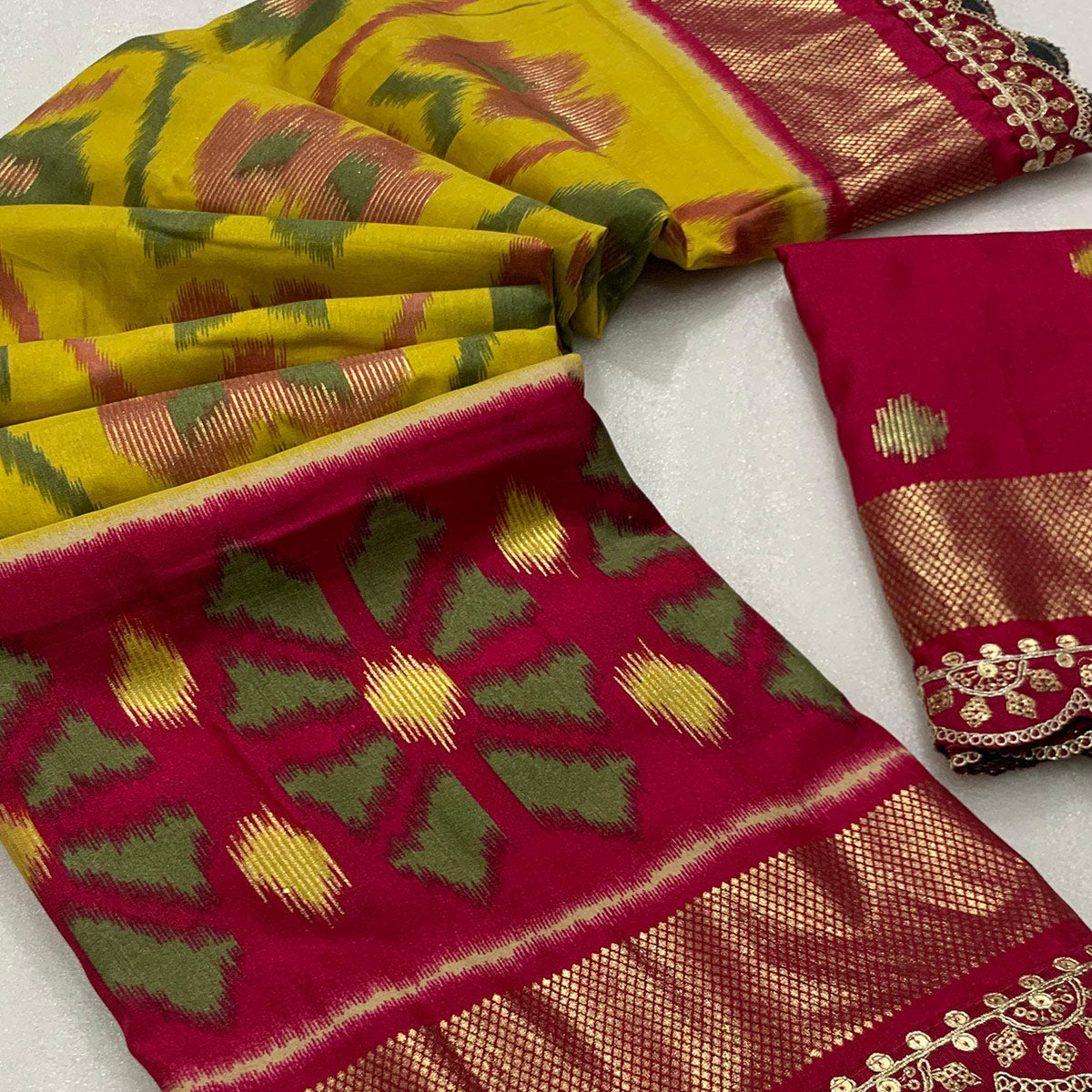green-pink-ikkat-foil-printed-silk-saree-with-sequins-embroidery-border