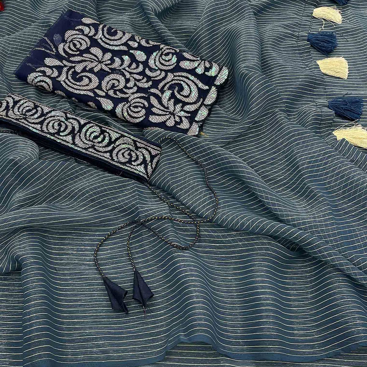 grey-blue-striped-chiffon-saree-with-tassels
