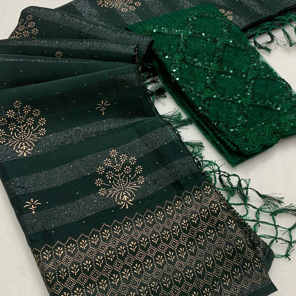 green-emboss-floral-foil-printed-moss-art-silk-saree