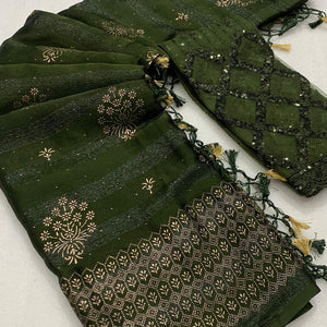 Mehendi Green Emboss Floral Foil Printed Moss Art Silk Saree
