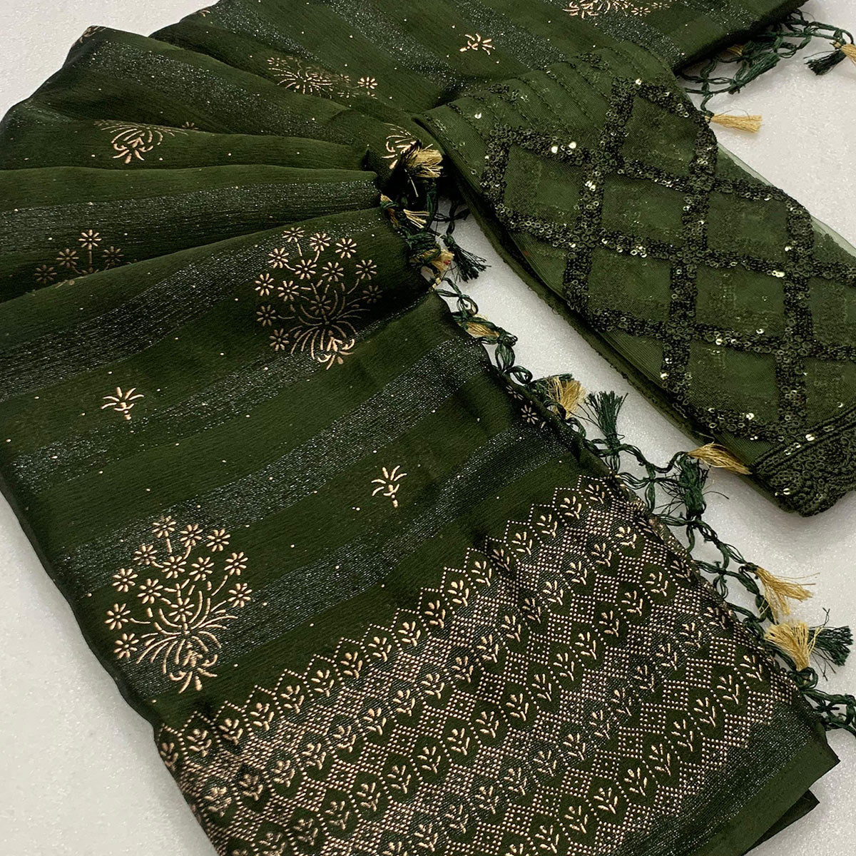 Mehendi Green Emboss Floral Foil Printed Moss Art Silk Saree