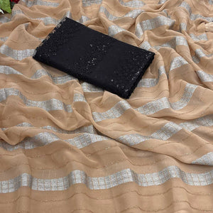 Chikoo Zari Striped Georgette Saree With Tassels