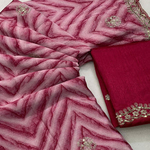 Magenta Leheriya Printed With Sequins Embroidered Chinon Saree