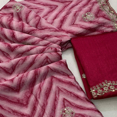 Magenta Leheriya Printed With Sequins Embroidered Chinon Saree