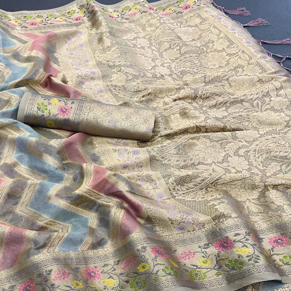 Grey Woven Organza Saree With Tassels