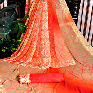 Chikoo & Orange Bandhani Printed Georgette Saree With Zari Border