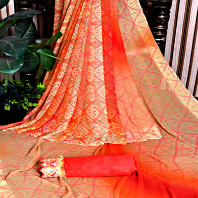 Chikoo & Orange Bandhani Printed Georgette Saree With Zari Border