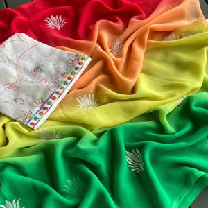 Multicolor Floral Embroidered Georgette Saree With Tassels