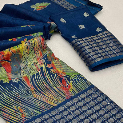 Denim Blue Printed Dola Silk Saree With Sequins Border