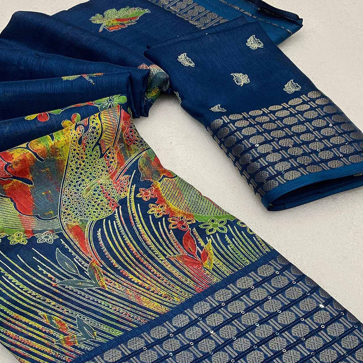 Denim Blue Printed Dola Silk Saree With Sequins Border