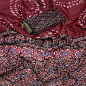 Dark Wine Ajrakh Printed Chanderi Saree With Zari Border