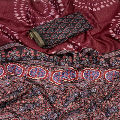 Dark Wine Ajrakh Printed Chanderi Saree With Zari Border