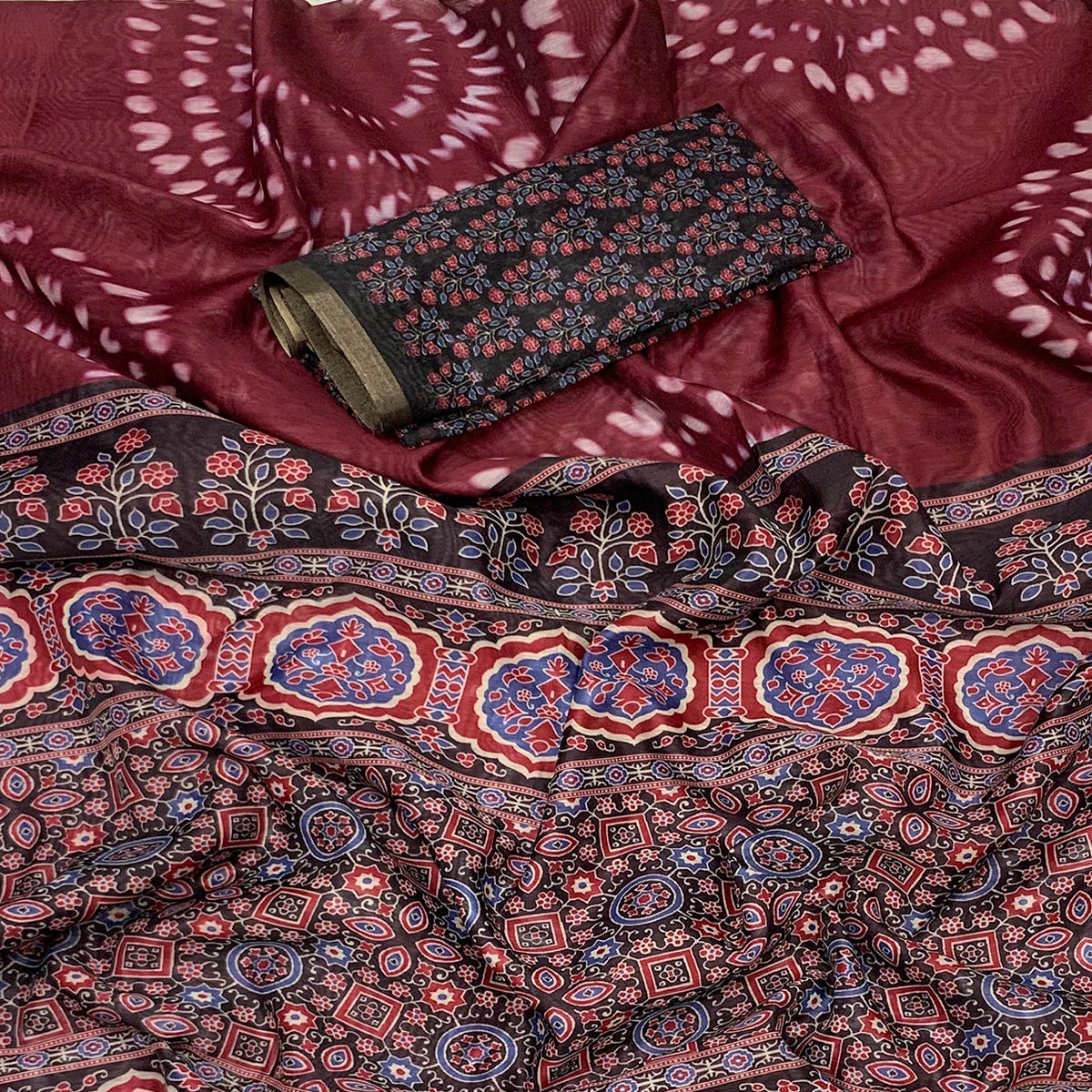 Dark Wine Ajrakh Printed Chanderi Saree With Zari Border