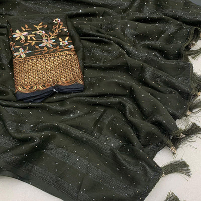 Mehandi Green Woven Swaroski Work Georgette Saree With Tassels