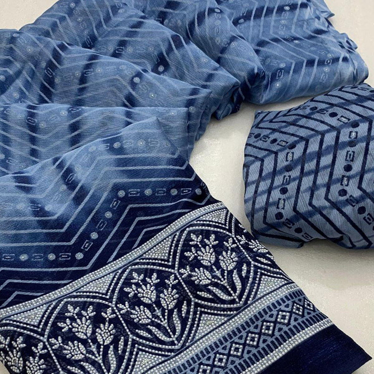 Blue Shibori Foil Printed Chiffon Saree