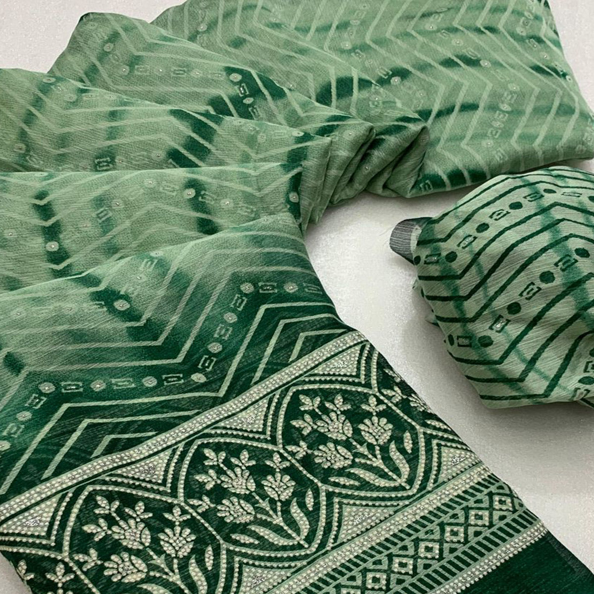 green-shibori-foil-printed-chiffon-saree