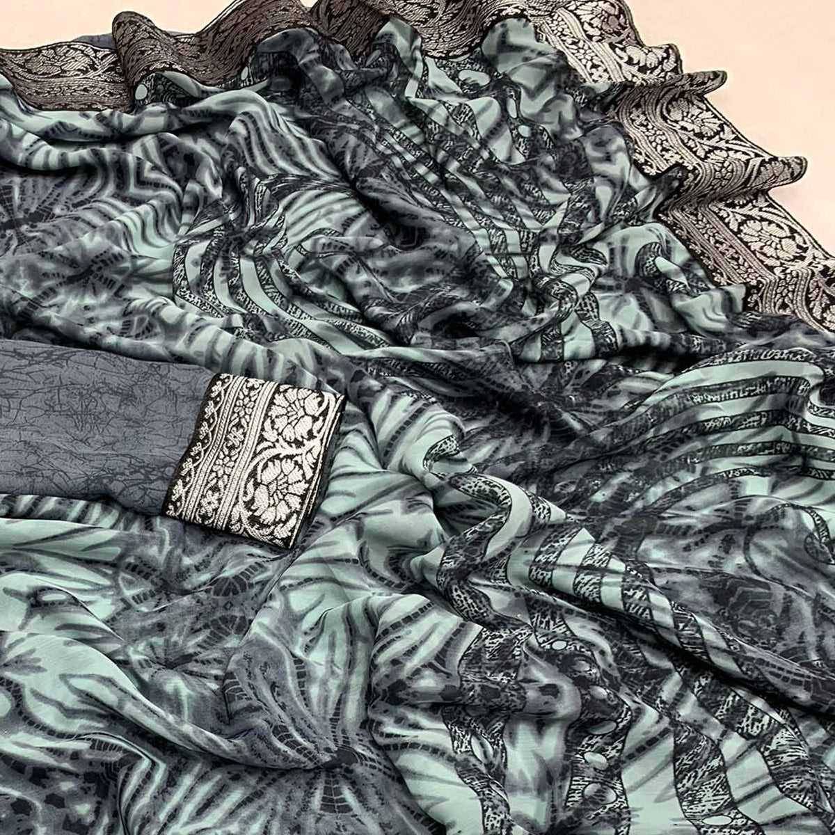 Dusty Grey Shibori Printed Georgette Saree With Woven Border