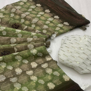 Mehendi Green Floral Foil Printed Georgette Saree With Tassels