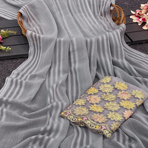 Grey Zari Striped Woven Georgette Saree