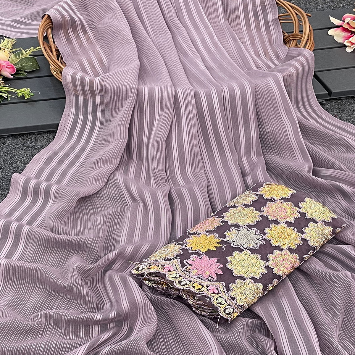 Mauve Zari Striped Woven Georgette Saree