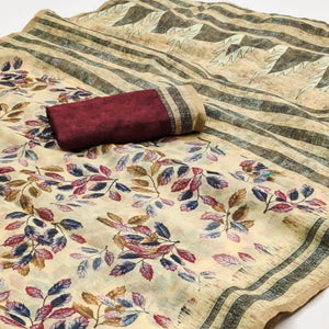 Cream Kalamkari Floral Printed Chanderi Saree