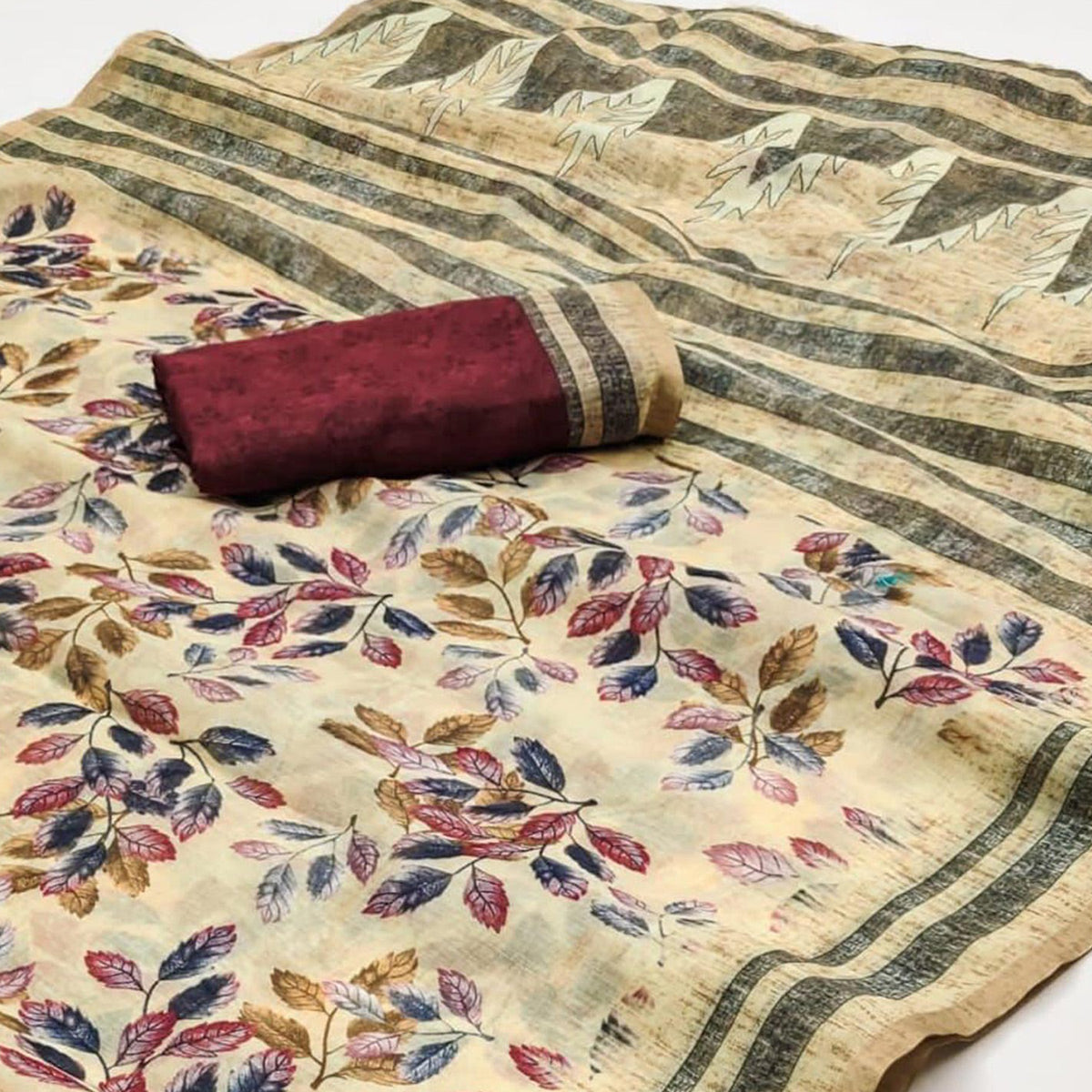 Cream Kalamkari Floral Printed Chanderi Saree