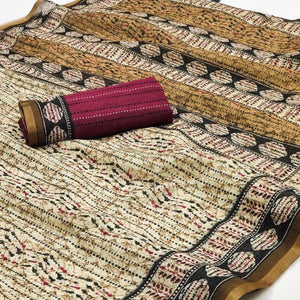 Cream & Black Kalamkari Floral Printed Chanderi Saree