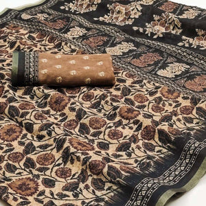 Light Brown Kalamkari Floral Printed Chanderi Saree