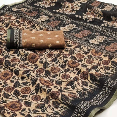 Light Brown Kalamkari Floral Printed Chanderi Saree