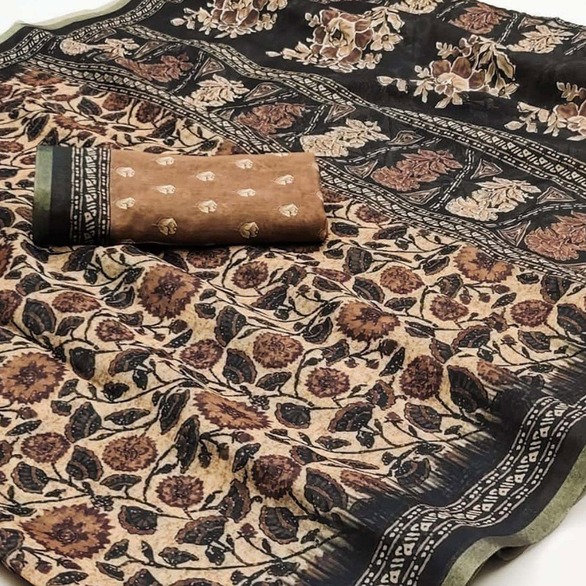 Light Brown Kalamkari Floral Printed Chanderi Saree