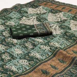 Mehndi Green Kalamkari Floral Printed Chanderi Saree