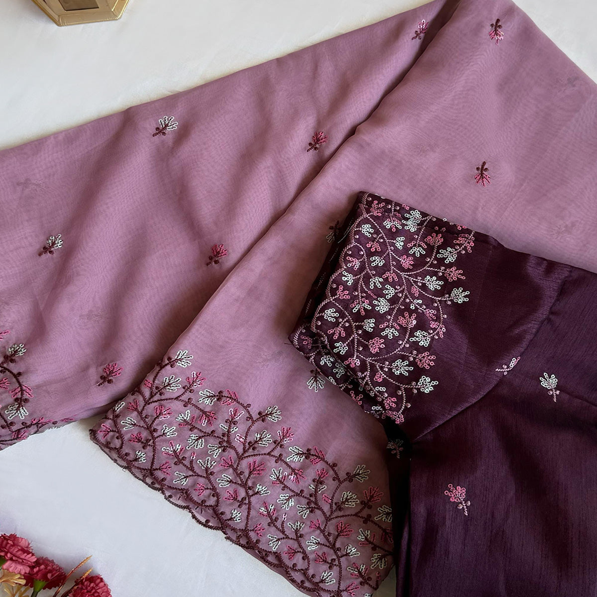 Light Purple Floral Embroidered Organza Saree