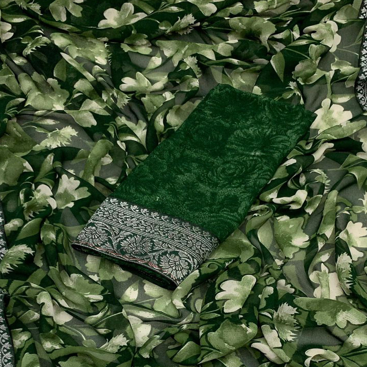 green-floral-printed-georgette-saree-with-woven-border