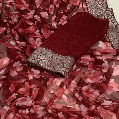 Maroon Floral Printed Georgette Saree With Woven Border