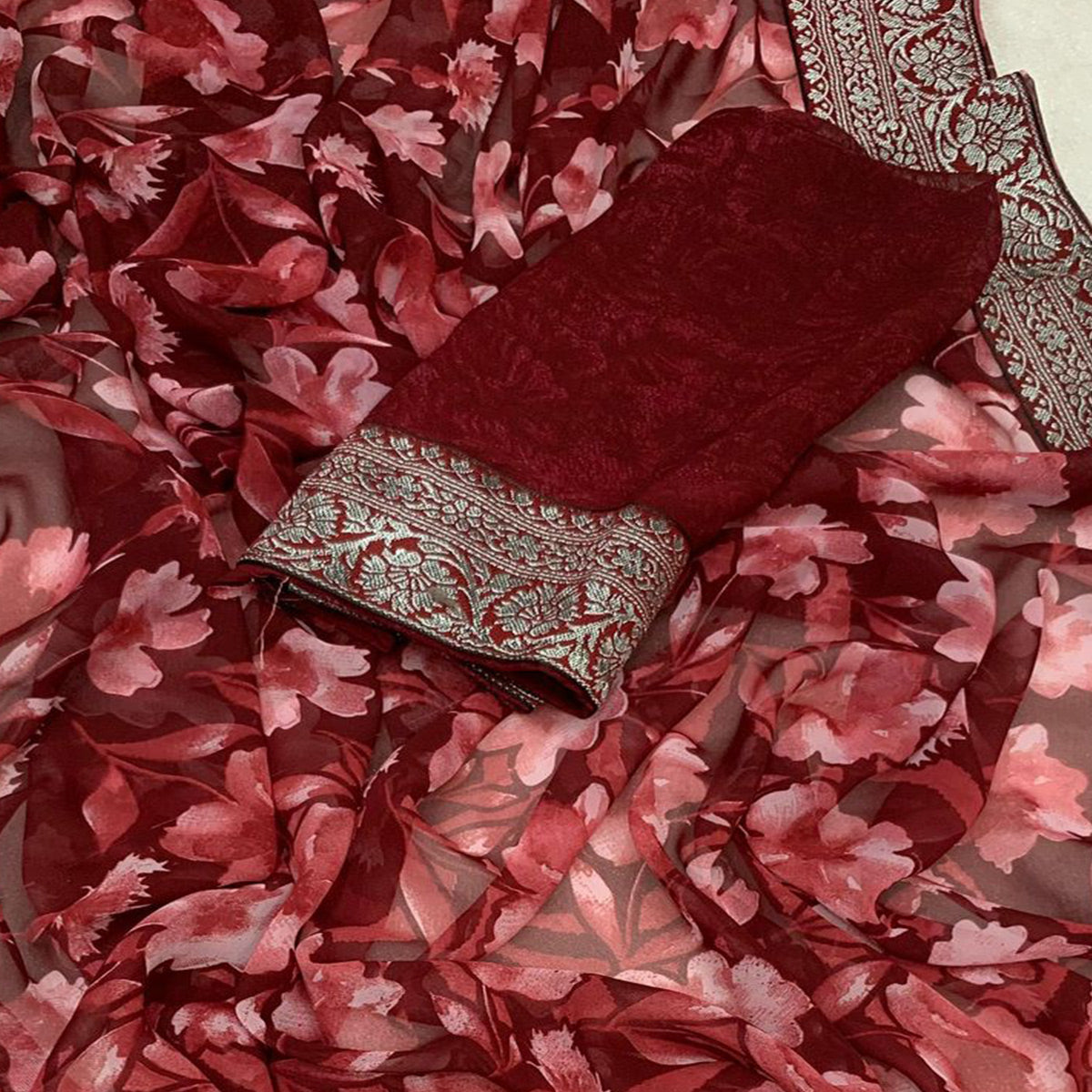 Maroon Floral Printed Georgette Saree With Woven Border