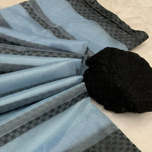 Blue Woven Net Saree With Tassels